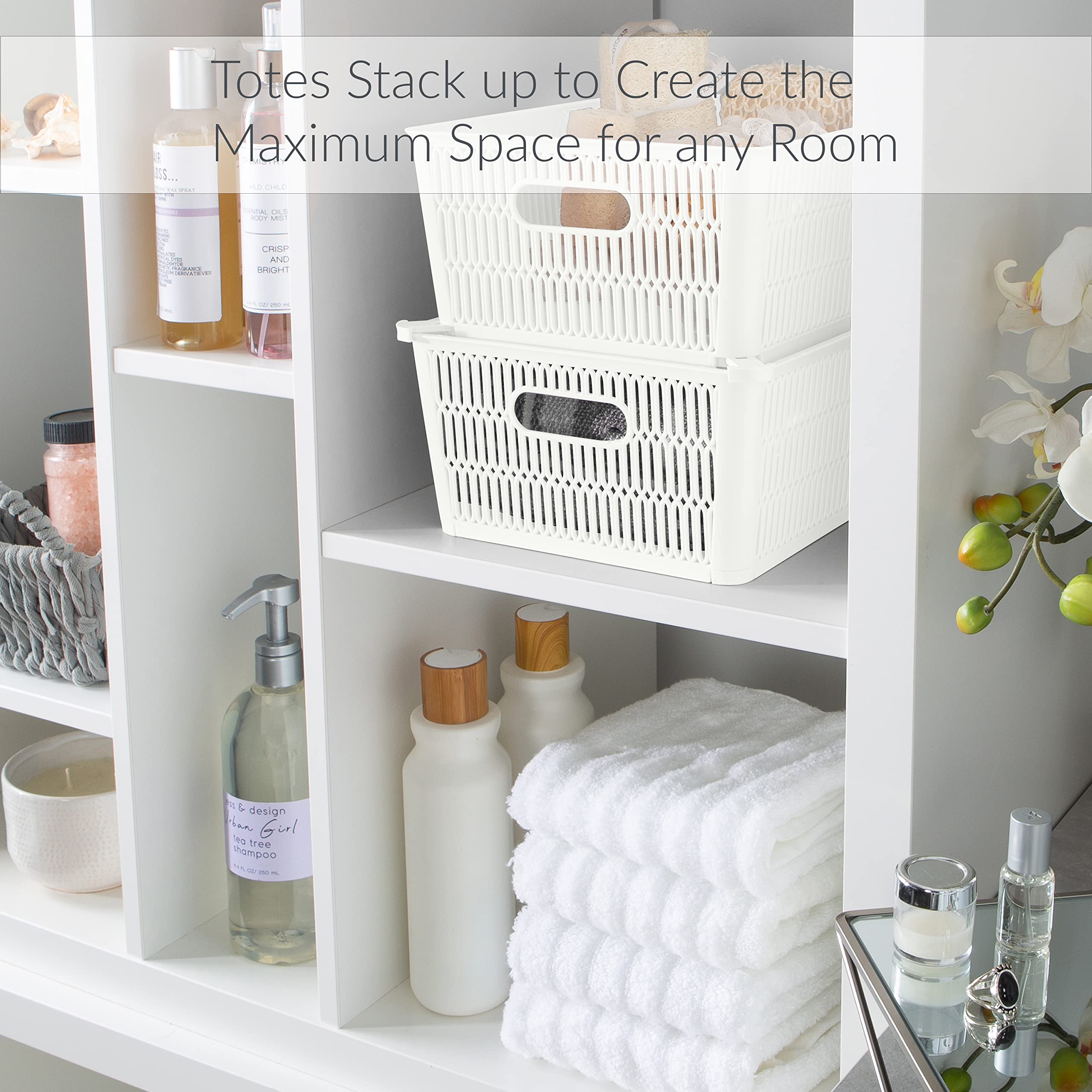 Simplify 4-Pack Large Slide 2 Stack It Tote Baskets - White Storage Bins with Stackable Design for Bathroom, Pantry, Office, Playroom & Craft Organization (KIT-25930-WHITE-4PK) | Perfect for Home Storage, Closet Organizers & Kids Toy Containers