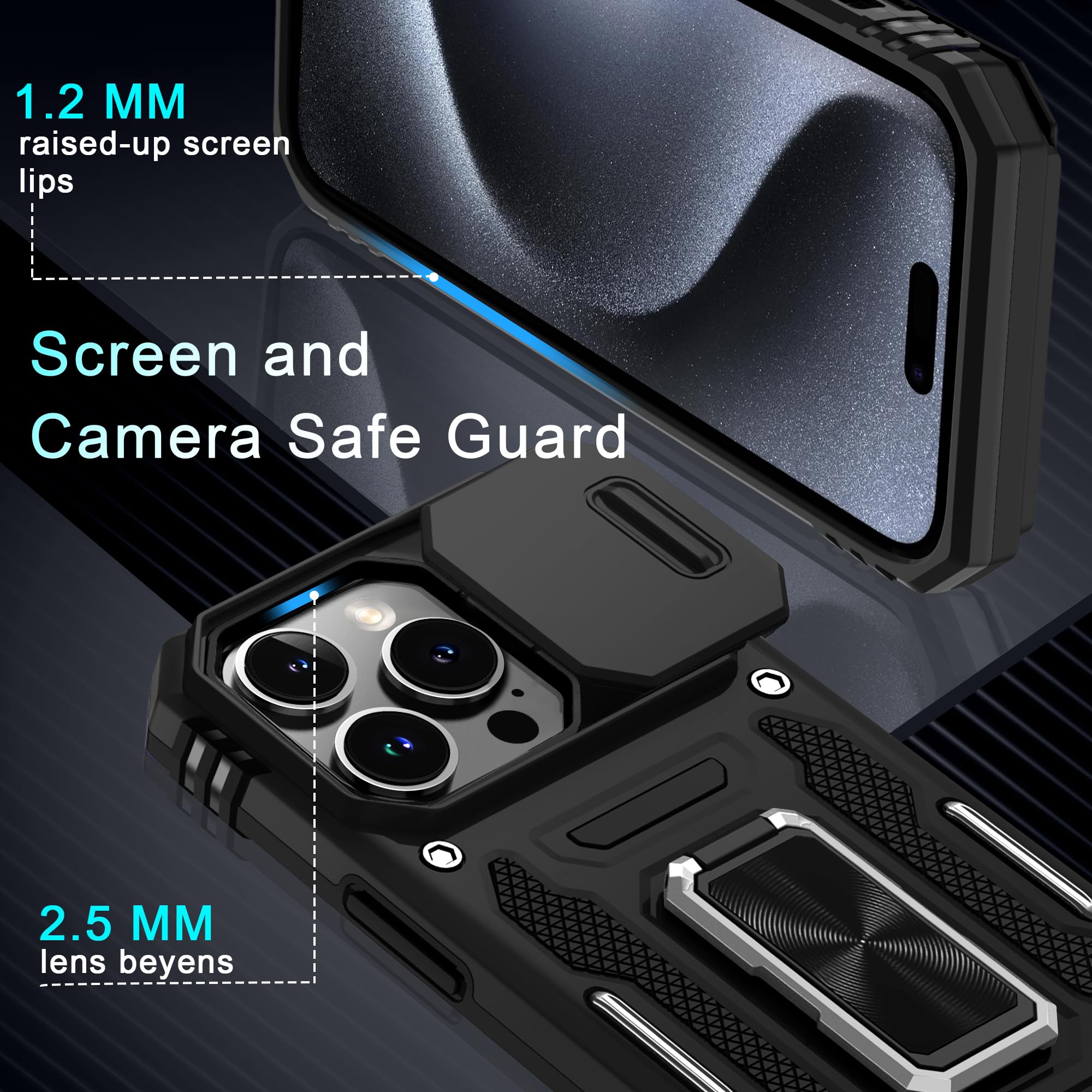 DEERLAMN iPhone 15 Pro Max Case with Slide Camera Cover & Screen Protector (6.7 Inch) - Military Grade Shockproof Protective Cover with Rotating Ring Kickstand - Black | Perfect for Outdoor Activities, Travel & Daily Protection