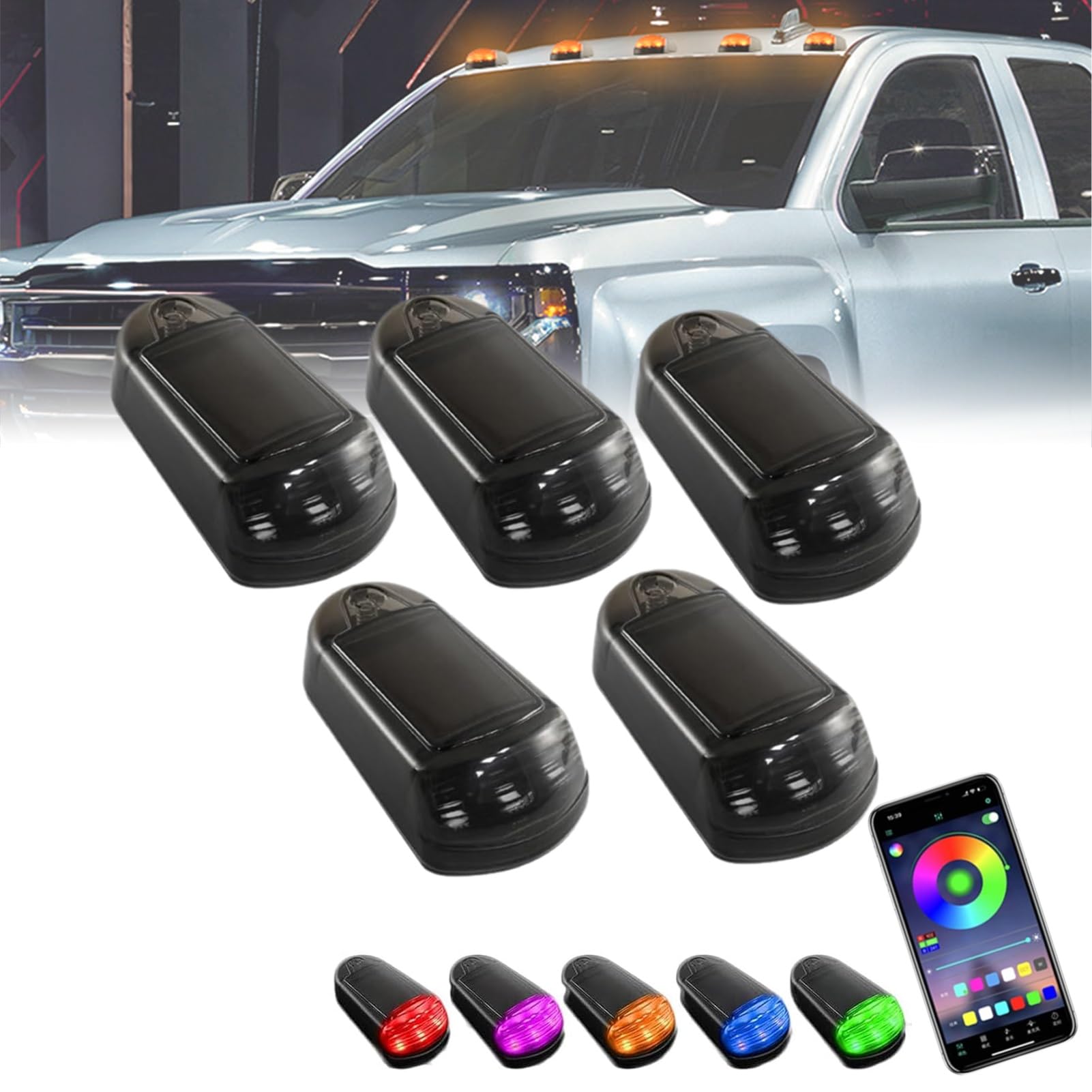 2024 Solar Wireless Cab Lights for Trucks - Punch-Free LED Roof Lights with 7 Colors & App Control - Universal Car Accessories (Black Shell, 1 Set) - Perfect for Night Driving, Off-Road Adventures & Vehicle Customization