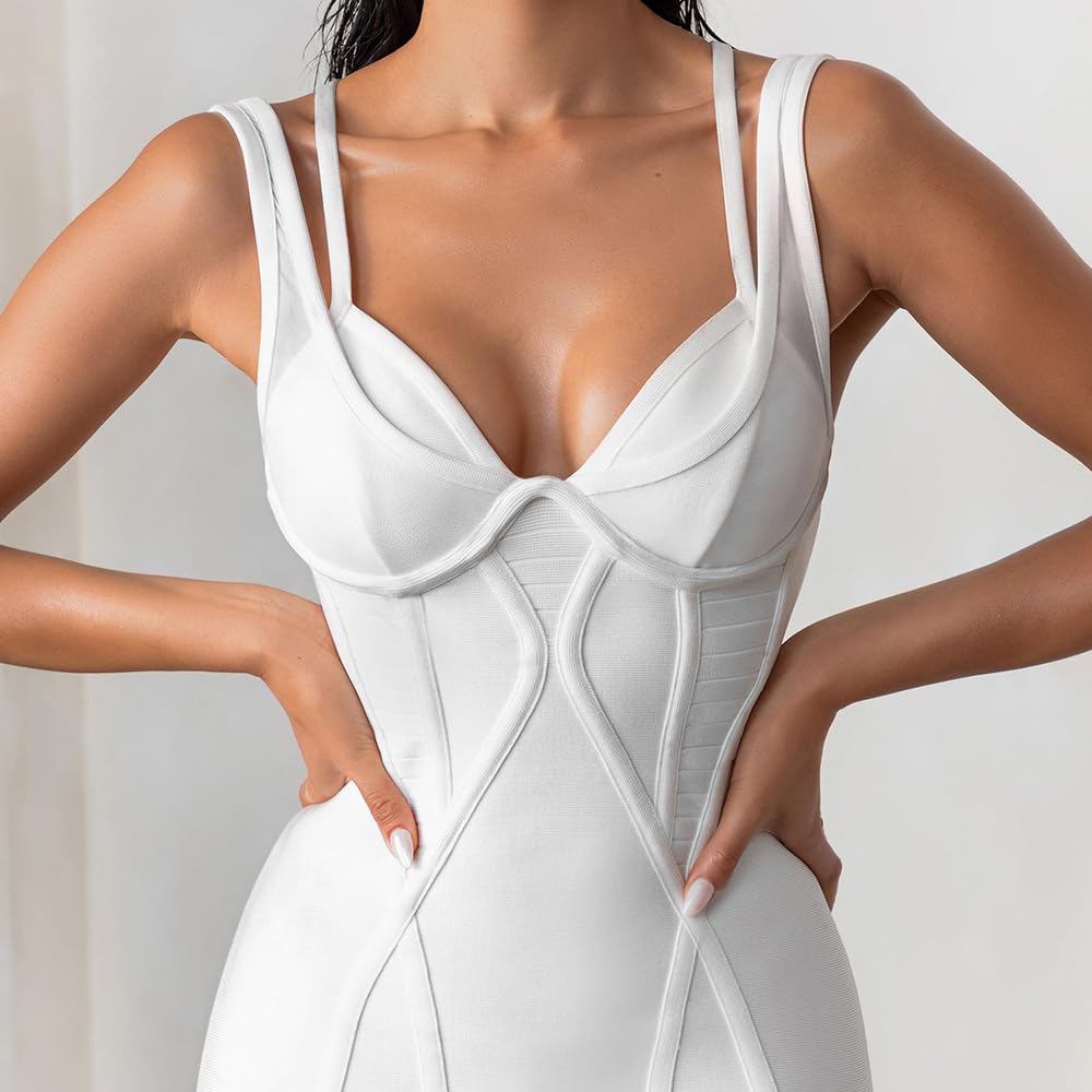 Elegant White Women's Midi Bandage Dress for Wedding Guest, Cocktail Party & Special Occasions - Sexy Bodycon Dress for Night Out, Date Night & Formal Events