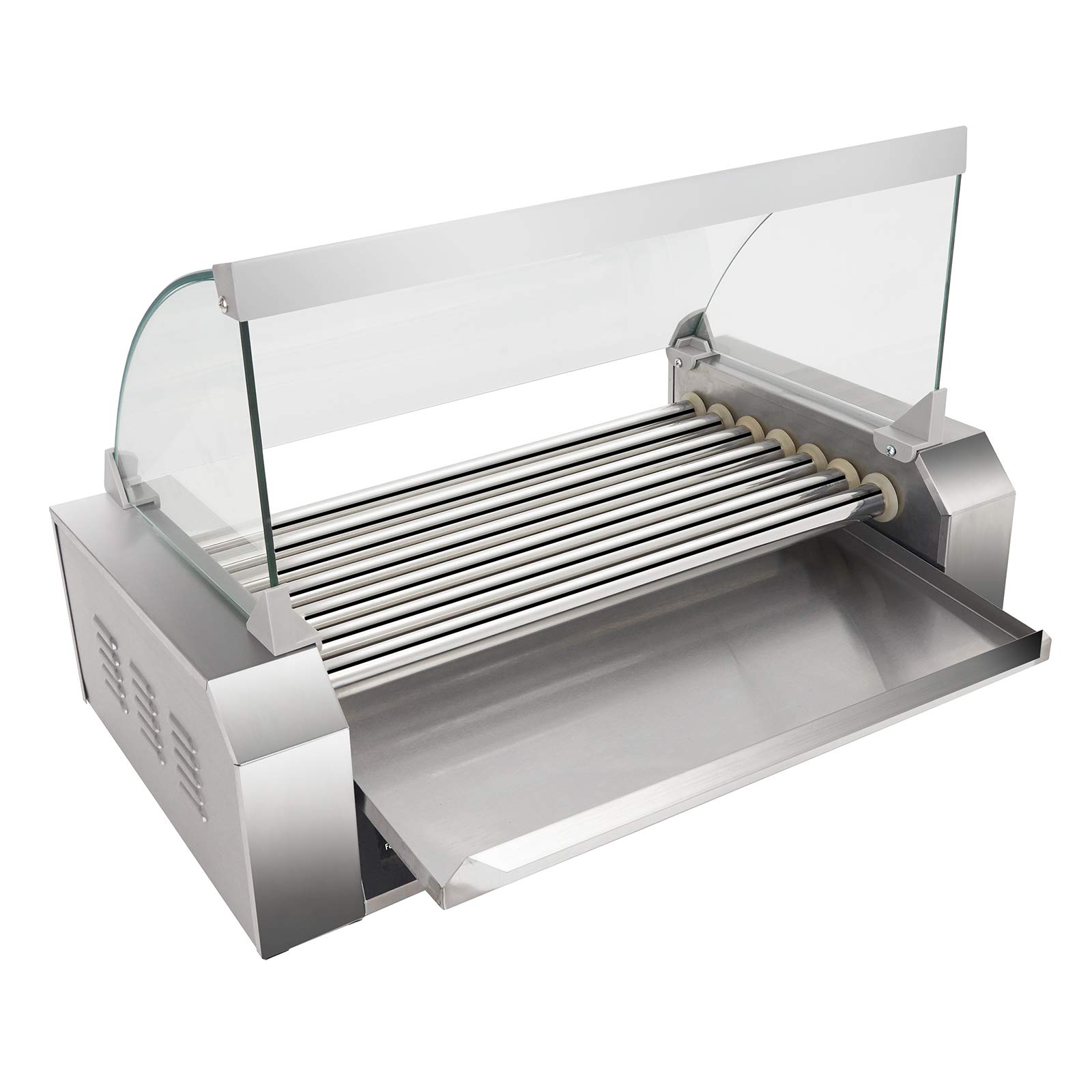 Commercial Electric Hot Dog Roller Machine - 18 Hot Dog Capacity with 7 Non-Stick Rollers, Removable Stainless Steel Drip Tray & Glass Hood Cover - Perfect for Restaurants, Carnivals, Food Trucks and Home BBQ Parties