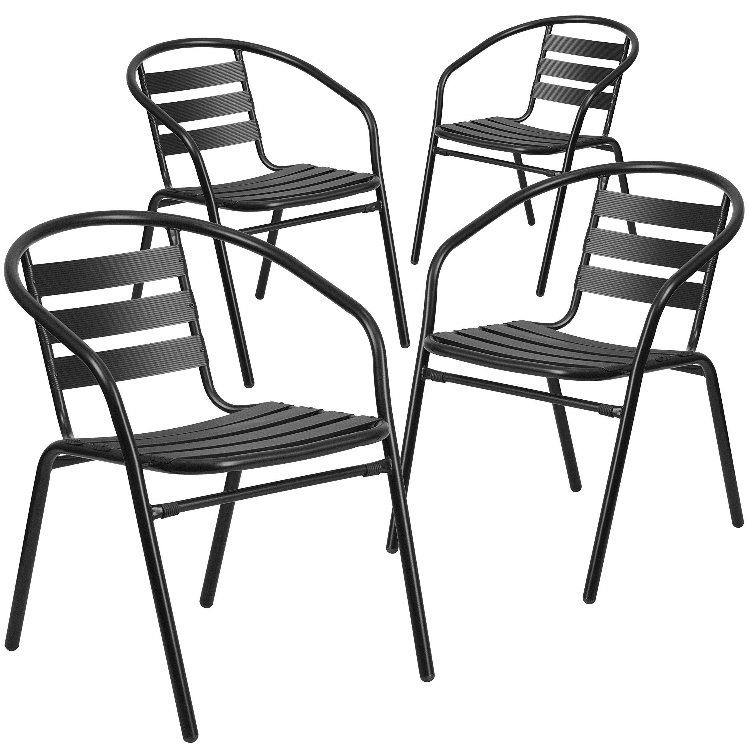 Flash Furniture Aluminum Slat Back Stacking Outdoor Restaurant Chairs - Modern Stackable Patio Chairs for Restaurants, Cafes & Bistros - Set of 4 Black - Perfect for Outdoor Dining, Poolside Lounging & Commercial Use