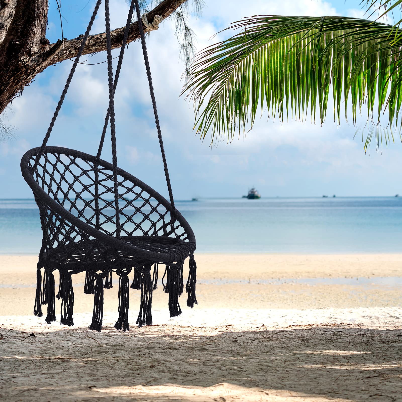 Macrame Swing Chair Hammock - 330 Lbs Weight Capacity, Cotton Rope Hanging Chair for Indoor & Outdoor Use - Perfect for Garden, Patio, Living Room, and Nursery Relaxation (Black)