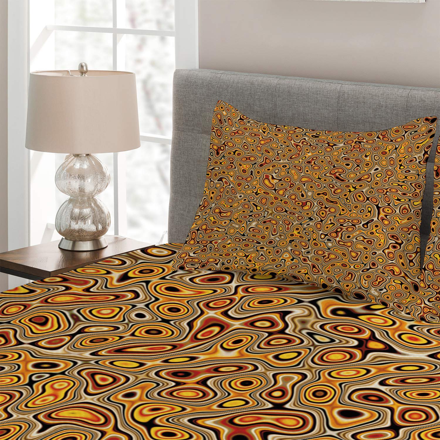 Ambesonne Psychedelic Bedspread Set - King Size 3-Piece Quilted Coverlet with Abstract Hallucinatory Design & Eastern Marble Print in Orange Brown | Includes 2 Pillow Shams | Perfect for Bohemian Bedroom Decor, Guest Room Makeover & Cozy Home Styling