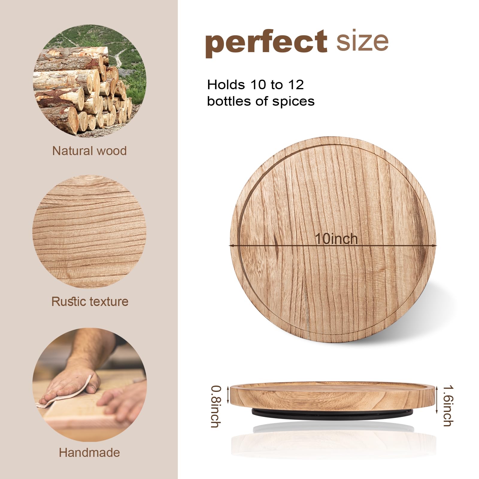 Wooden Lazy Susan Turntable Organizer - 10 Inch Round Decorative Tray for Kitchen, Bathroom, Cabinet & Vanity | Farmhouse Style Spinning Tray for Countertop, Sink, Coffee Table & Home Decor (Brown) - Perfect for Organizing Spices, Makeup & Displaying Decor Items