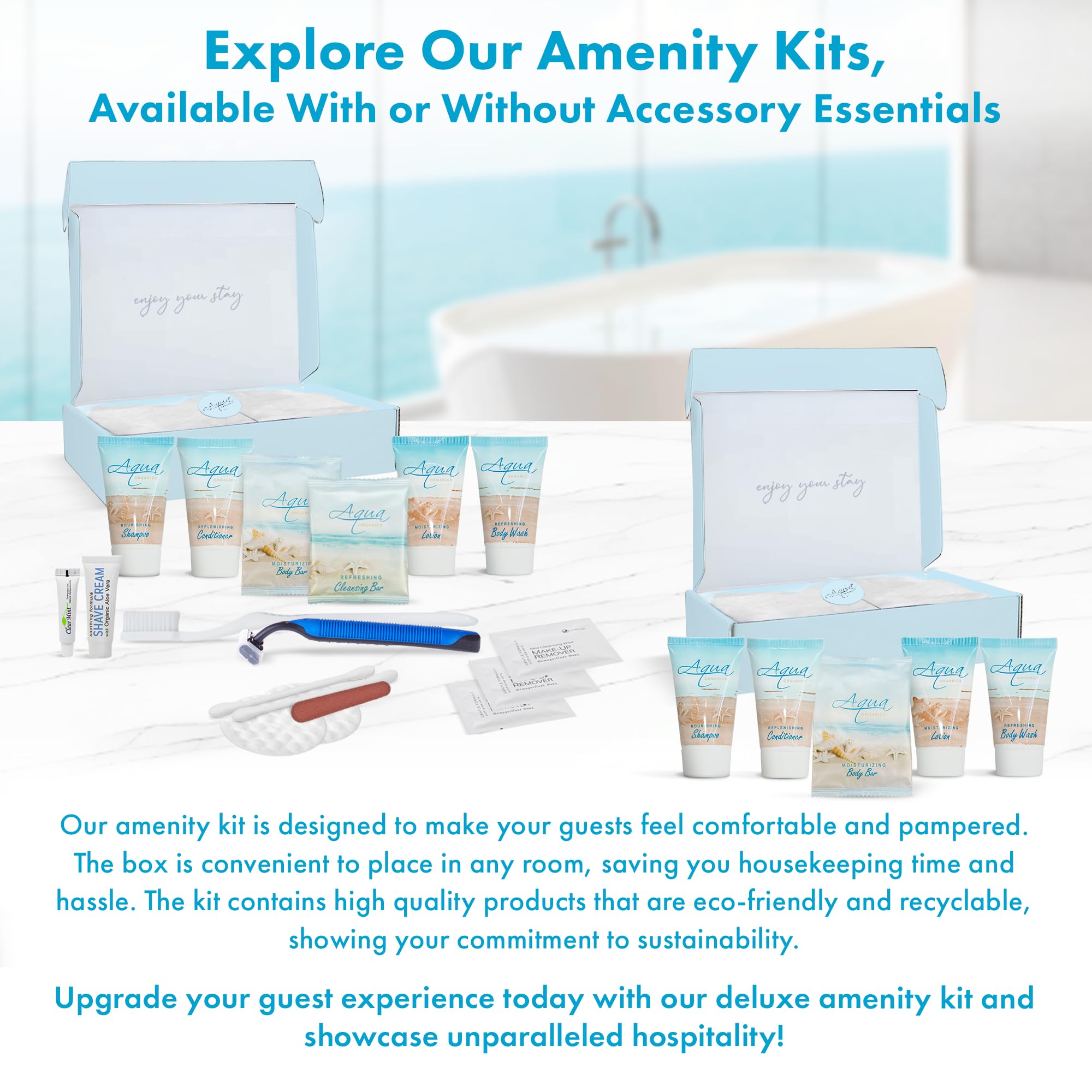 Aqua Organics Travel Amenity & Accessory Kit - 60 Sets with 1 oz Shampoo, Conditioner, Lotion, Body Wash, Soap Bars, Shaving Kit, Dental Set & Makeup Wipes | Perfect for Hotels, Spas, Airlines & Luxury Gift Baskets