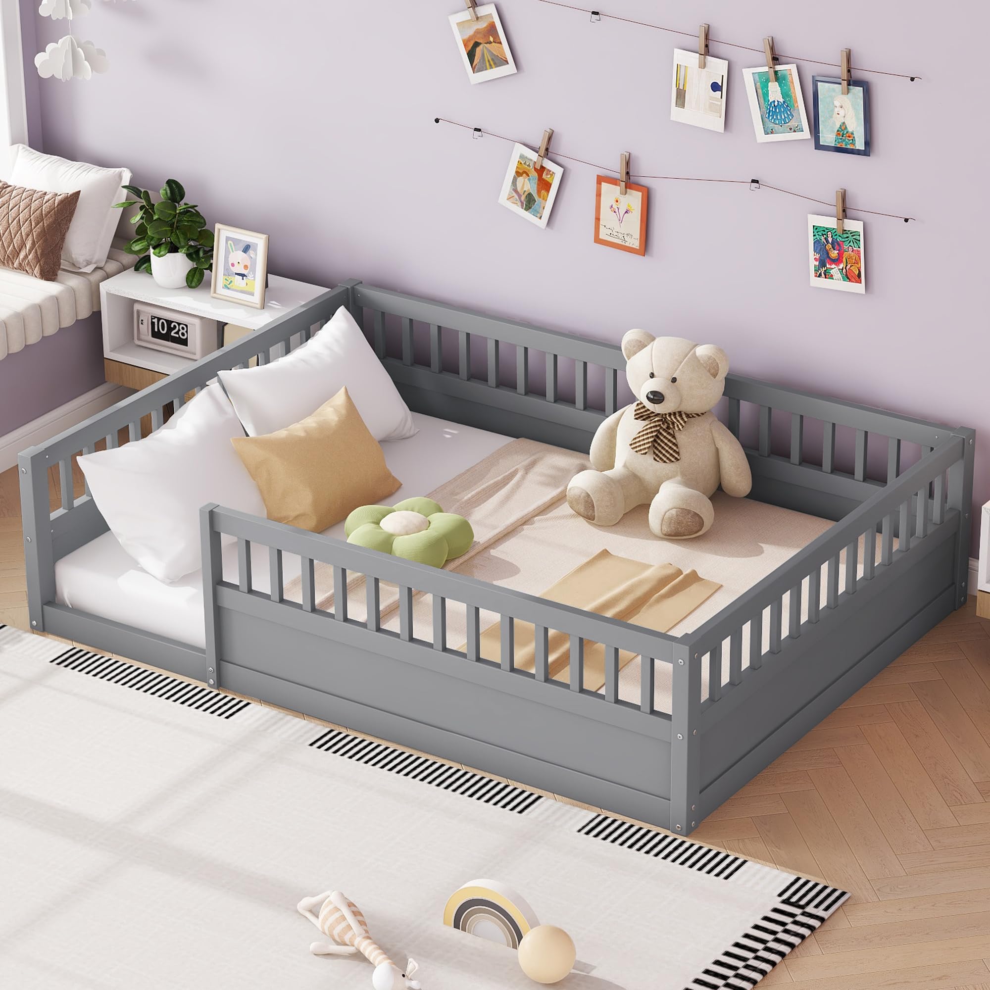 Montessori Floor Bed for Kids - Full Size Wooden Playhouse Bed with High Safety Railings for Baby Boys, Girls & Teens - Gray (No Slats Included) - Perfect for Montessori Bedrooms, Playrooms & Safe Toddler Sleep Spaces