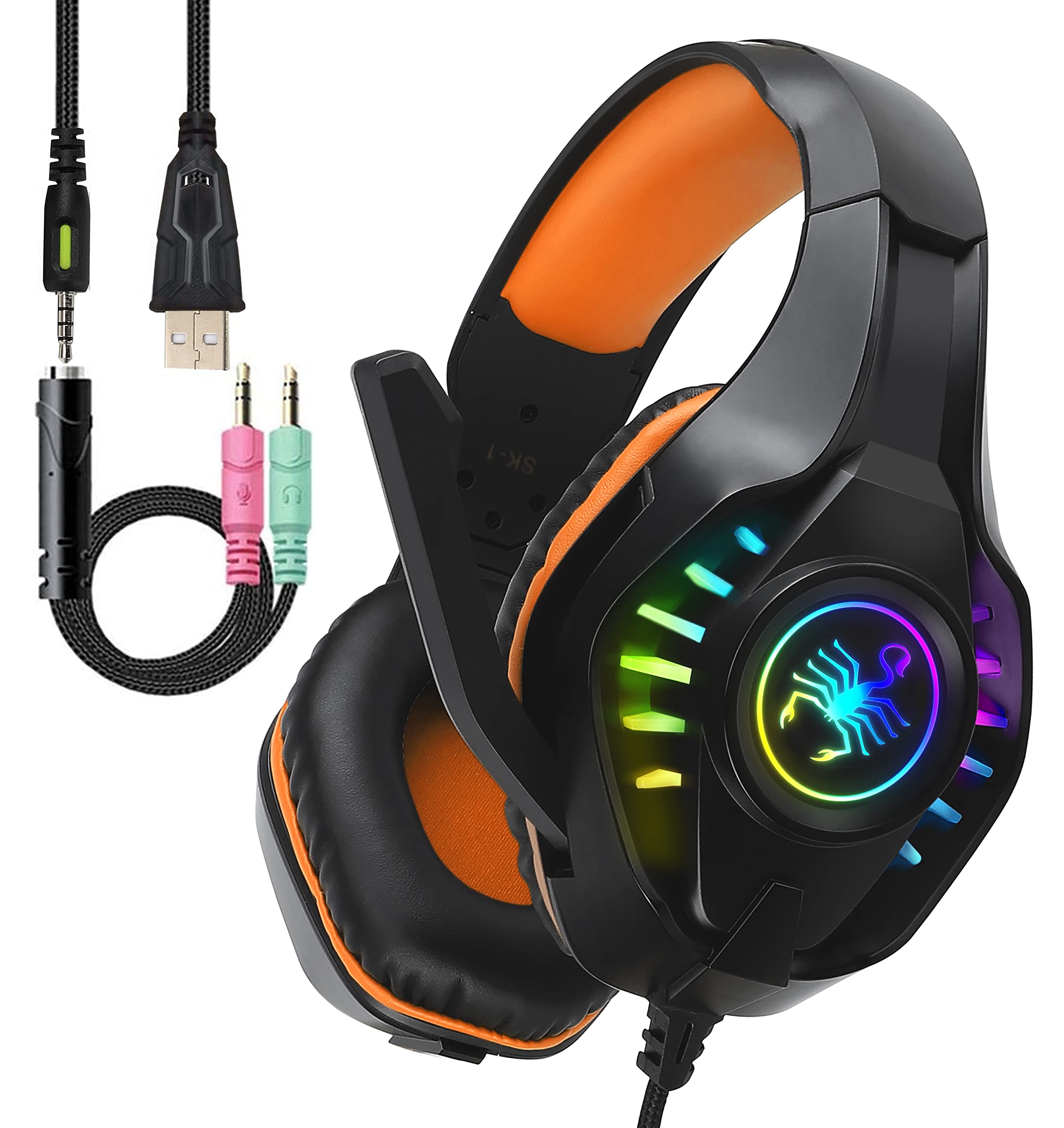 SVYHUOK Pro Gaming Headset with Mic - Over-Ear Bass Surround Sound Headphones for PC, PS4, Xbox One, Switch, Laptop - LED Light & Soft Memory Earmuffs - Perfect for Online Gaming, Streaming, eSports & Gift for Boys, Teens, Kids
