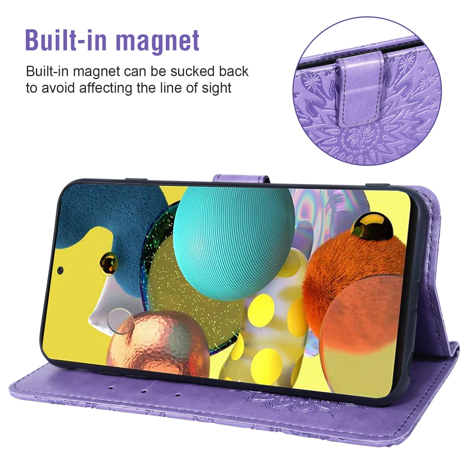 Samsung Galaxy A51 5G Phone Case with Wallet & Card Holder - Slim Leather Flip Cover with Tempered Glass Screen Protector - Verizon Compatible (Purple for Women) - Perfect for Daily Use, Travel & Hands-Free Viewing