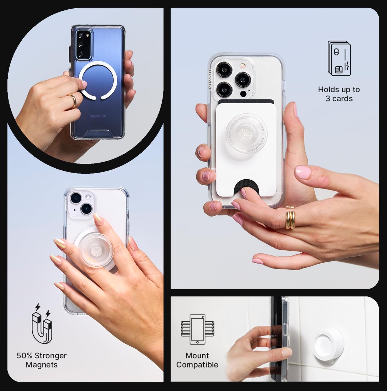 PopSockets Round Phone Grip with MagSafe Compatibility - Includes Adapter Ring, Secure Phone Holder, Works with Wireless Charging (Blue) - Perfect for iPhone 13/14/15, Daily Commute & Hands-Free Use