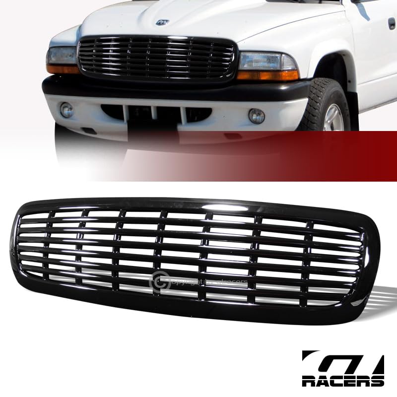 1997-2004 Dodge Dakota/Durango Front Grill Cover - Glossy Black Horizontal Billet ABS Hood Bumper Grille | Perfect for Truck Customization & Off-Road Protection