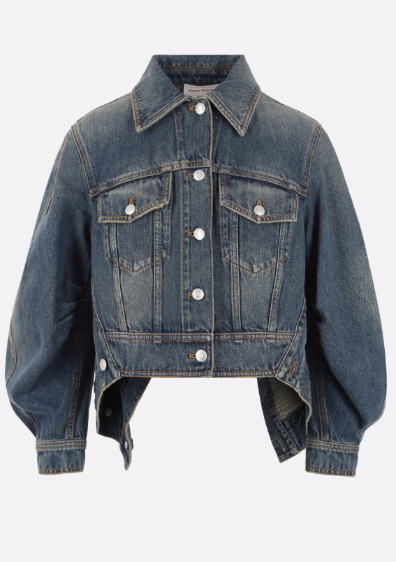 Alexander McQueen Women's Long Sleeve Asymmetrical Hem Denim Jacket in Blue | Stylish Oversized Designer Coat for Casual Outings & Date Nights (732914QMACC 4251)
