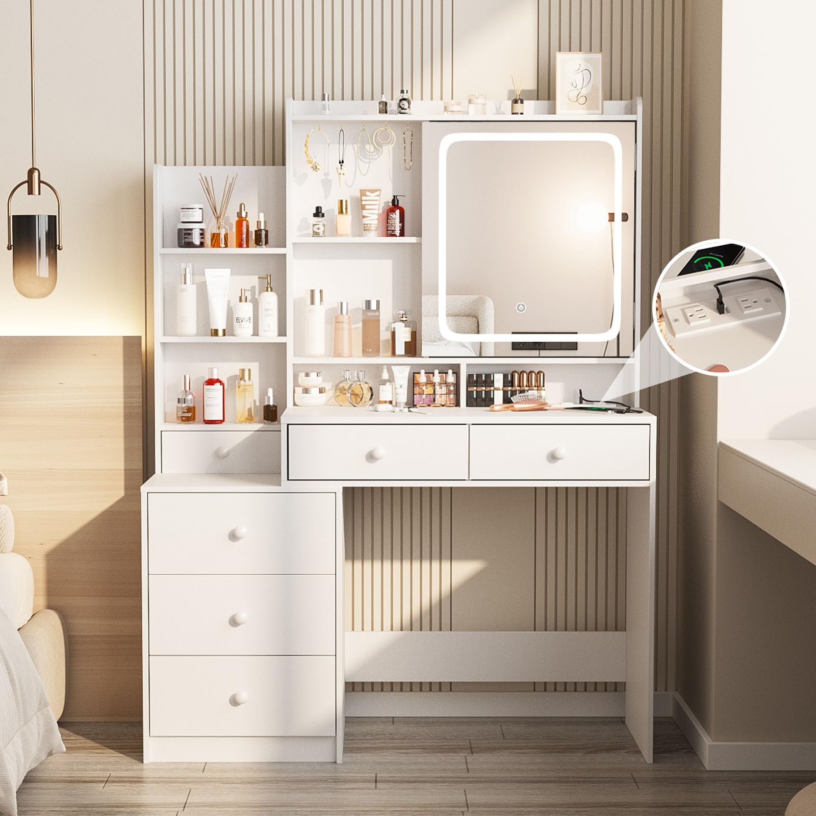 Vabches Vanity Desk with Mirror and LED Lights, Makeup Dressing Table with 6 Drawers, Shelves & Power Outlet, White Bedroom Vanity Set with Lighted Mirror (3 Colors) - Perfect for Makeup, Skincare & Home Decor