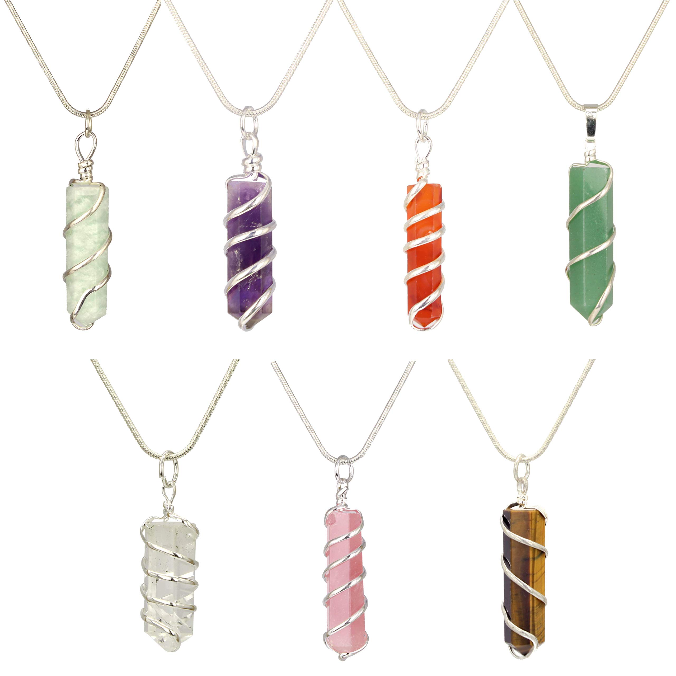 Buy 2 Get 1 Free - Genuine Healing Gemstone Pendant Necklace with Wrapped Coil (Amazonite, Amethyst, Carnelian, Quartz, Green Aventurine, Rose Quartz, Tiger Eye) - Perfect for Meditation, Yoga, Energy Healing & Spiritual Gifts