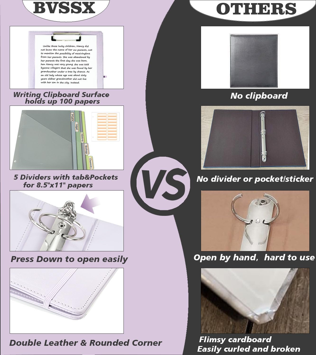 Premium 2-Inch Leather 3-Ring Binder with Clipboard - Letter Size Purple Binder with 5-Tab Dividers, 18 Stickers, Pen Holder & Plastic Pockets - Perfect for Office, School & Business Organization