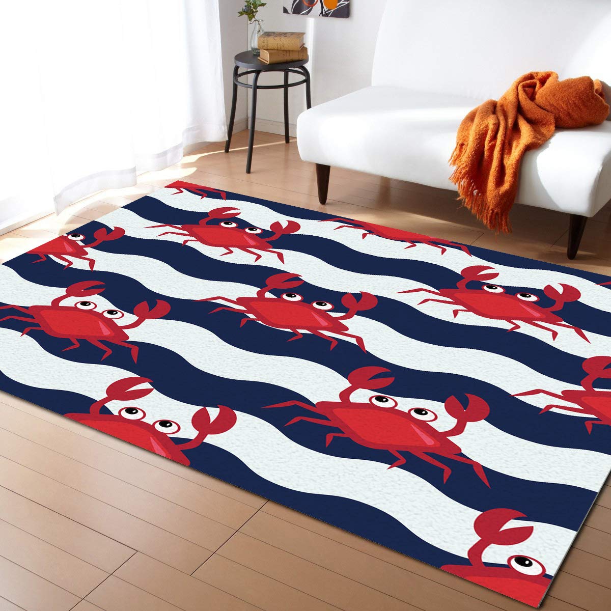 Non-Slip Red Crab Blue Chevron Area Rug 5'x7' - Soft Rectangular Floor Mat for Living Room, Bedroom, Kids Room & Kitchen | Indoor Home Decor, Anti-Skid Design for High Traffic Areas
