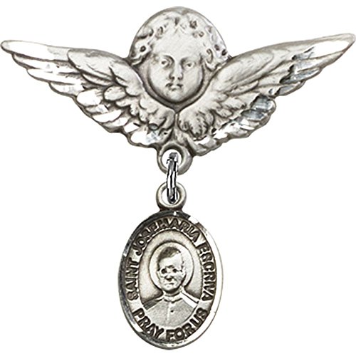 St. Josemaria Escriva Sterling Silver Baby Badge with Angel Wing Charm - Religious Jewelry for Baptism, First Communion & Christening Gifts