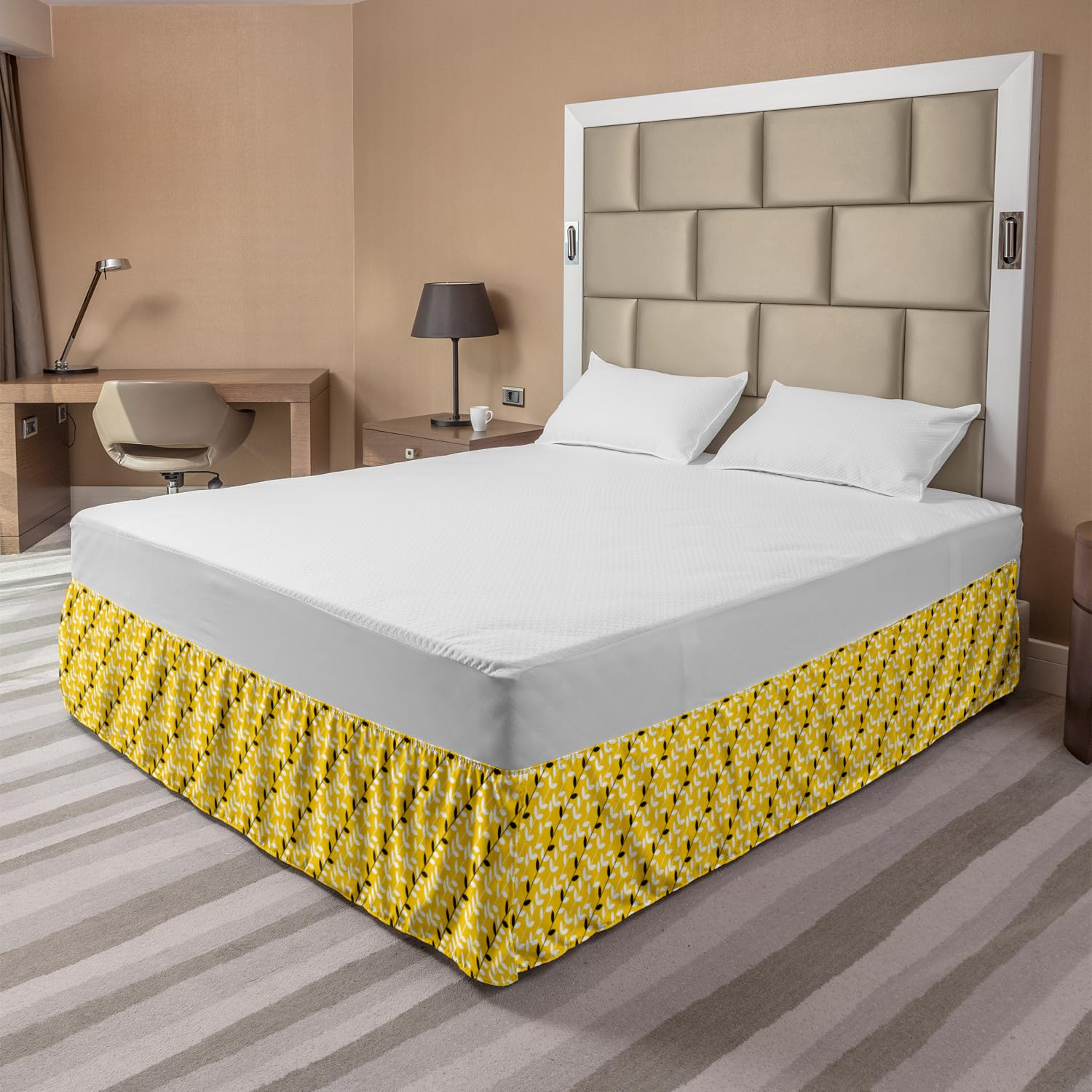 Ambesonne Asian Leaves Bedskirt - King Size Yellow Grey for Elegant Bedroom Decor