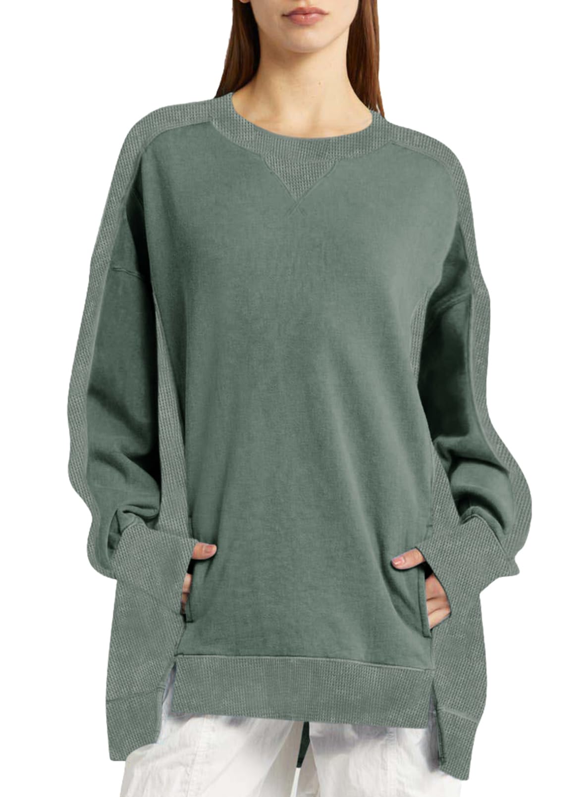 Dokotoo Women's Oversized Crewneck Sweatshirt - Long Sleeve Waffle Knit Pullover with Color Block Design | Casual Loungewear, Streetwear Fashion & Cozy Winter Outfits