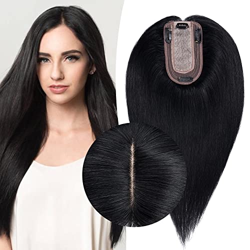 Clip in Human Hair Topper with Silk Base - Natural Looking Hairpiece for Thinning Hair - Perfect for Daily Wear, Special Occasions & Styling