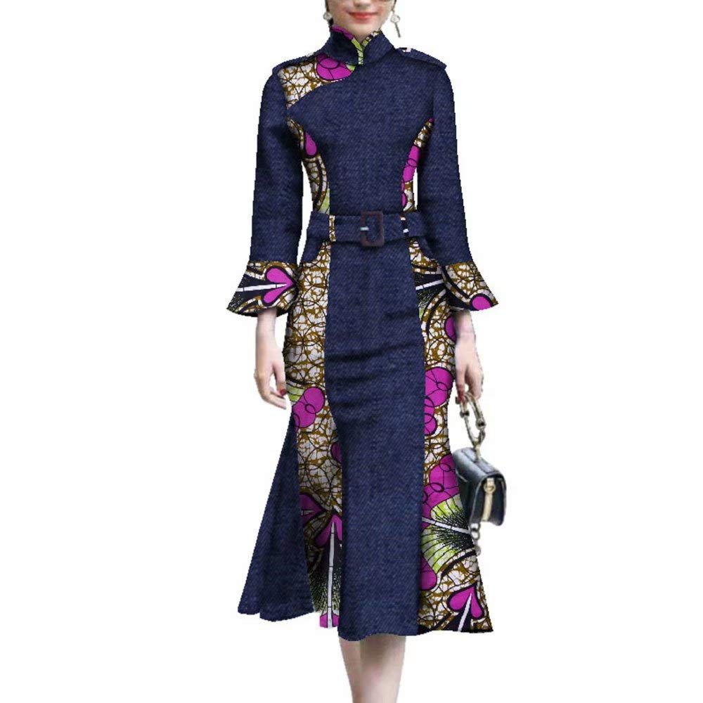 Stylish Women's Denim Dresses with Long Sleeves | African Dashiki Patchwork Design | Custom Fit for Casual & Party Wear | Perfect for Date Nights & Cultural Events