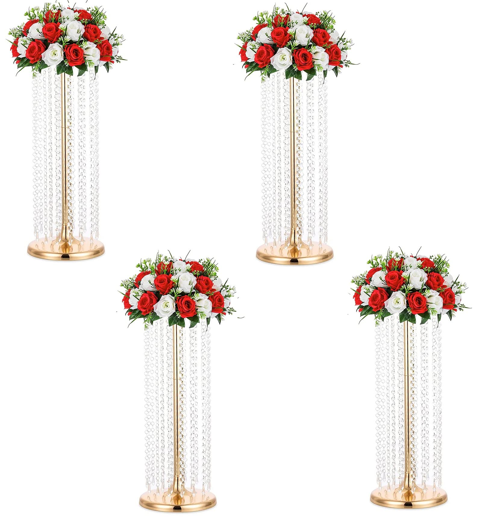 27.5 Inch Gold Metal Floor Vases with Acrylic Crystal - Set of 4 Tall Wedding Centerpiece Vases for Table Decor, Party Events, Birthday & Home Decorations - Perfect for Wedding Receptions, Banquets, and Luxury Home Styling