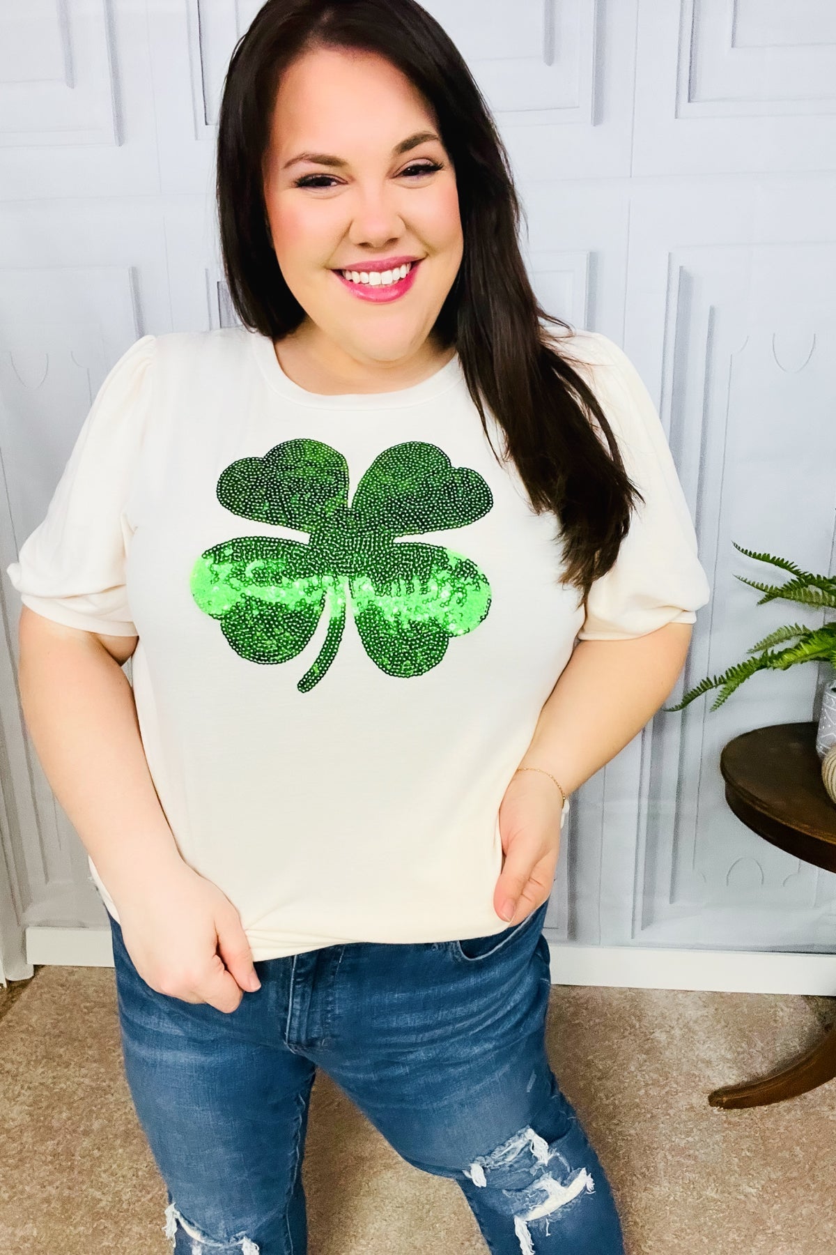 Haptics Saint Patrick's Day Sequin Clover French Terry Puff Sleeve Top for Women | Festive Party & Holiday Outfit