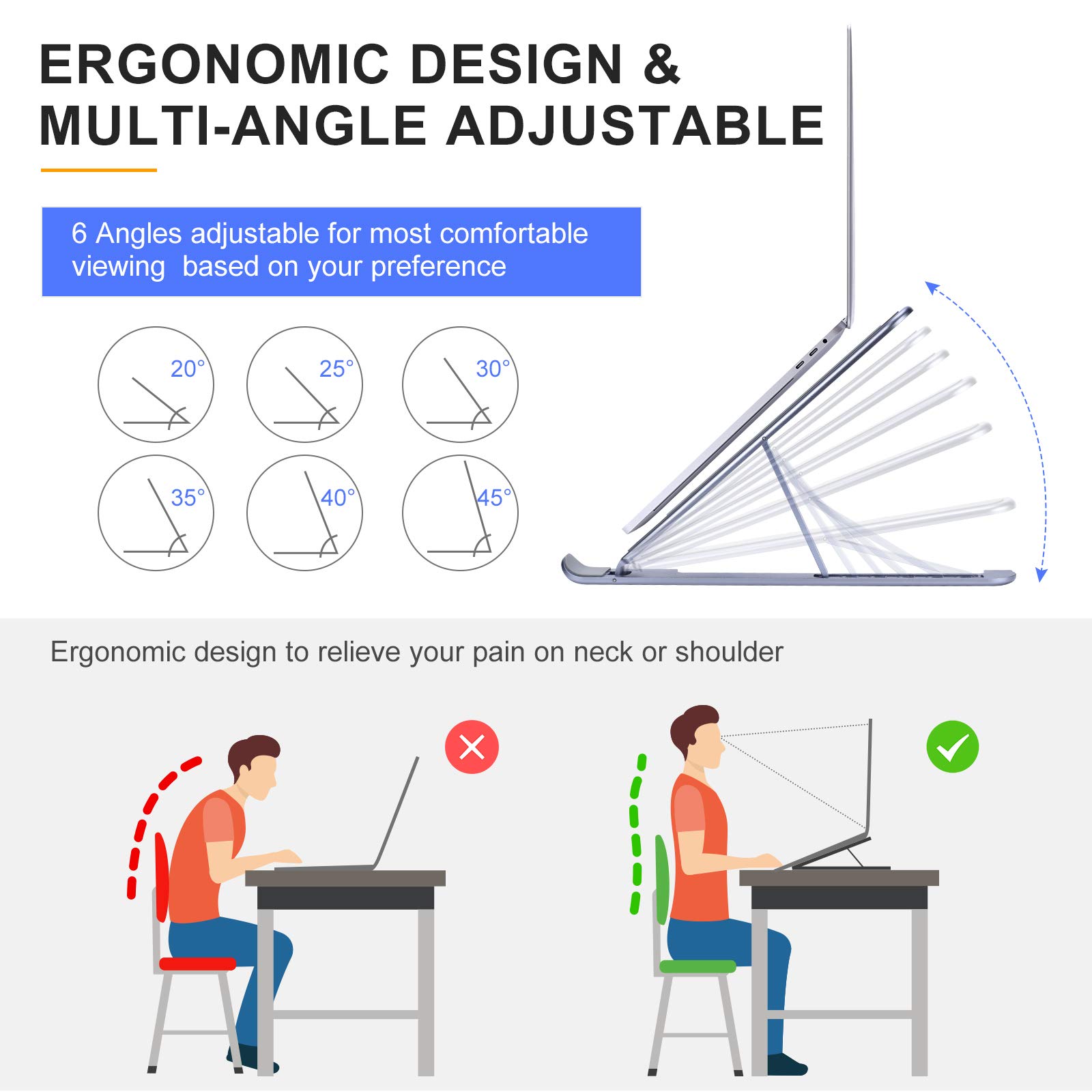 Adjustable Laptop Stand for Desk - 6-Level Ergonomic Aluminum Riser with Magnetic Design, Fits 10-15.6 Inch Notebooks (Space Gray) - Portable & Foldable for Home, Office, or Travel Use