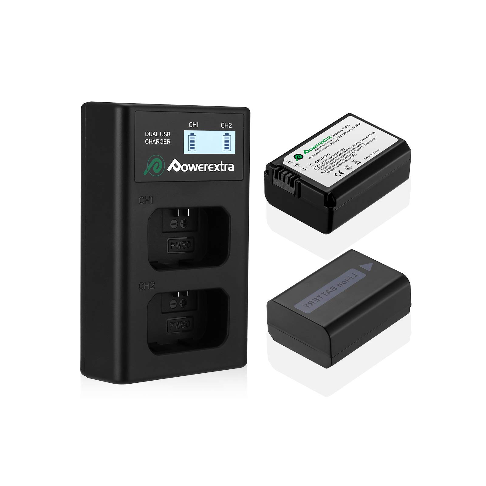 Powerextra 2-Pack NP-FW50 Replacement Batteries with Smart LCD Dual USB Charger for Sony Alpha a6500 a6300 a6000 a7 a7s a5100 a5000 a7r a7 II - Perfect for Travel Photography & Vlogging Accessories