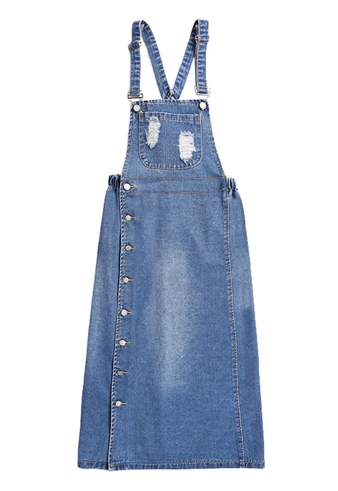 Flygo Women's Denim Overalls - Button Front Long Midi Pinafore Dress with Skirt for Casual Outings, Date Nights & Spring Fashion