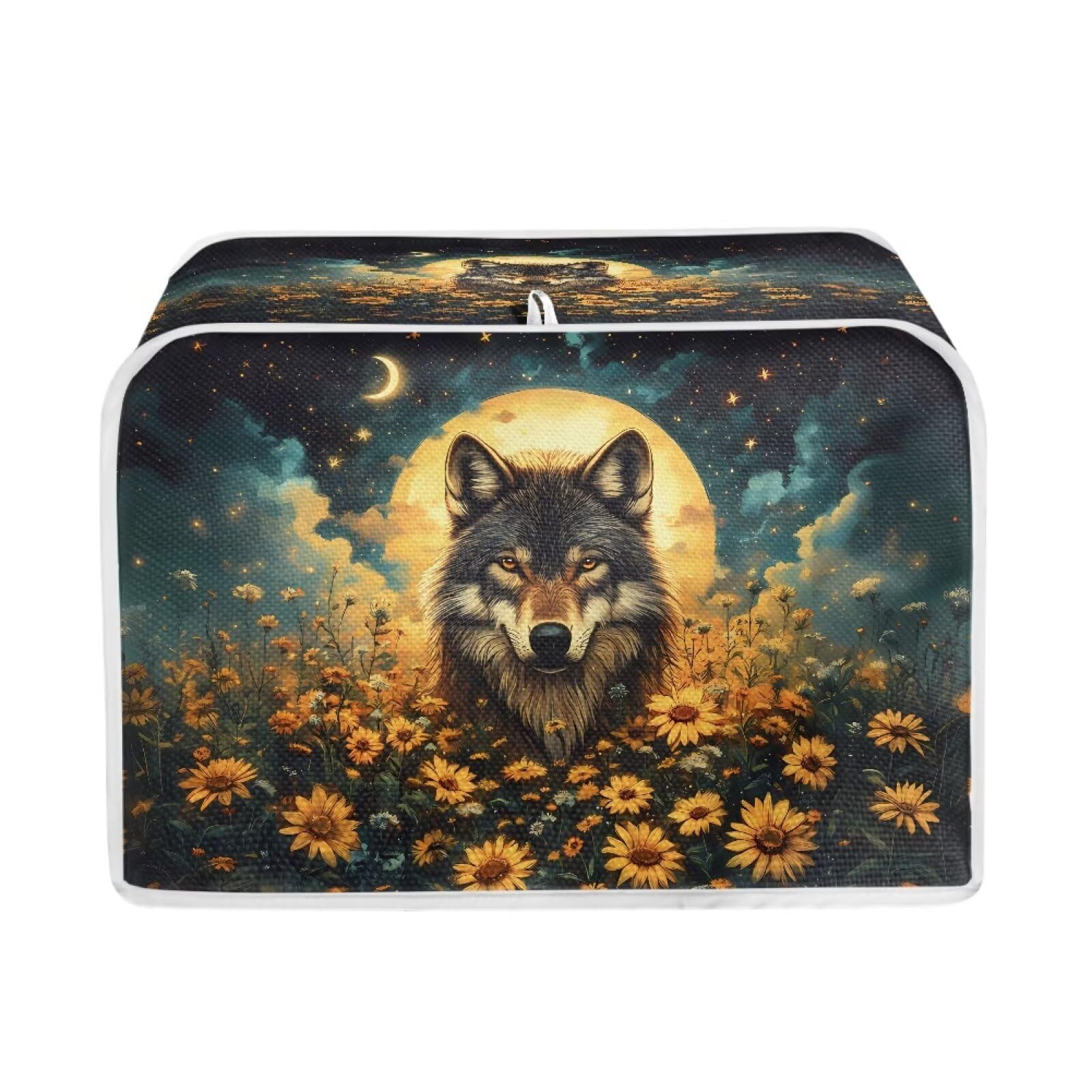 Xoenoiee Wolf Sunflower Moon Galaxy Print 4-Slice Toaster Cover, Bread Maker Cover, Small Kitchen Appliance Protector – Perfect for Toaster Ovens, Coffee Makers & Countertop Decor