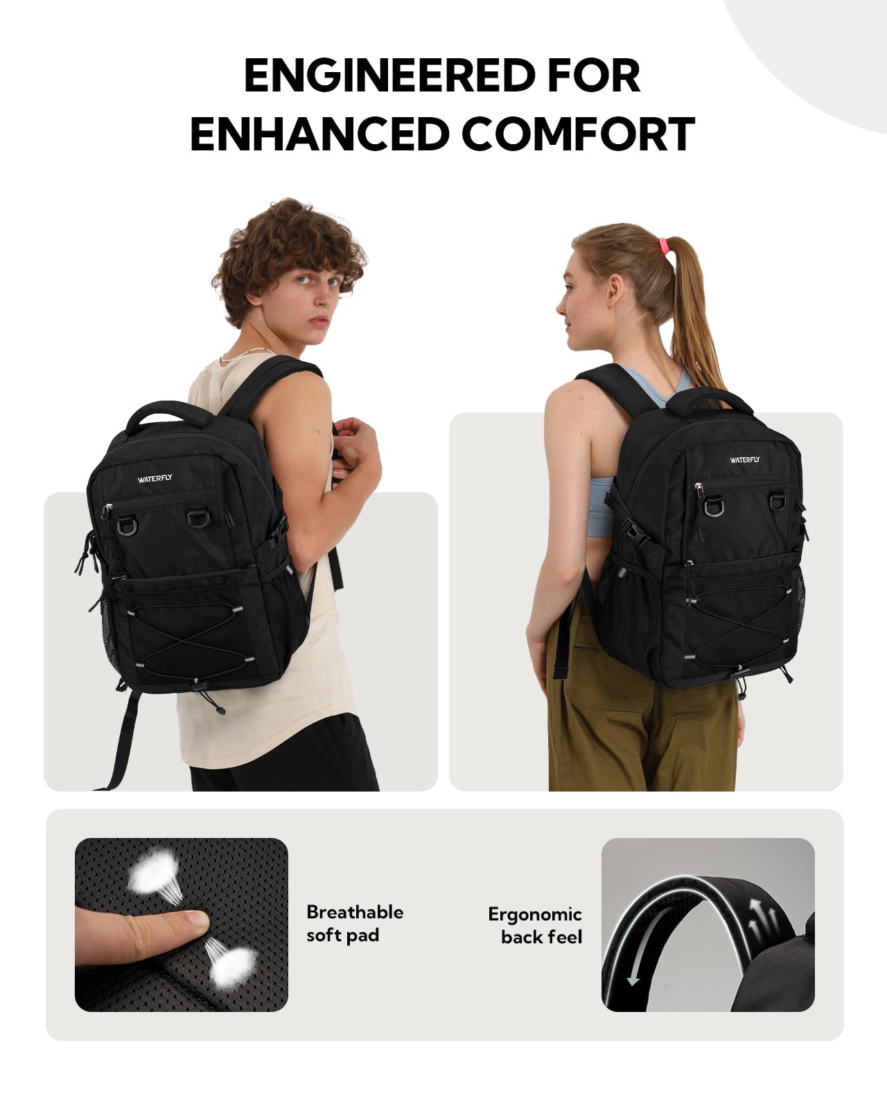 **WATERFLY 22L Lightweight Travel Backpack for Hiking, Commuting & College - Durable Daypack with Multiple Compartments for Men & Women - Perfect for Outdoor Adventures, Airplane Carry-On & Everyday Use - Black**    *(Use Cases: Ideal for travel, hiking, work, school, gym, weekend trips, and daily commutes.)*