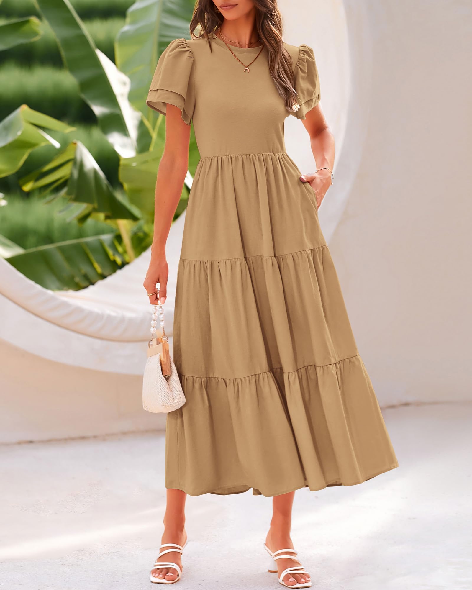BTFBM Women's Casual Summer Dresses 2025 - Spring Crewneck Short Sleeve Tiered Flowy Boho Maxi Dress with Pockets for Beach Vacation, Party & Everyday Wear