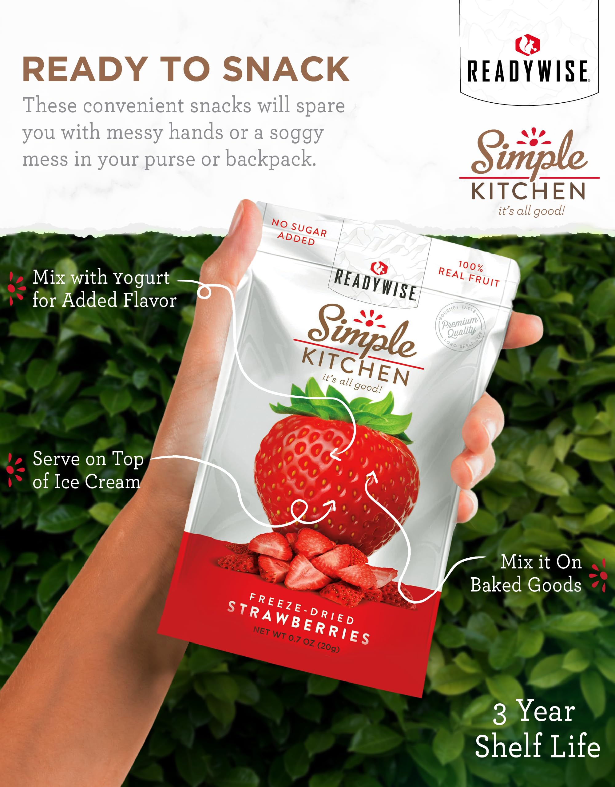 Freeze-Dried Strawberries 24 Servings (6 Pack) - Gluten Free, Vegetarian Healthy Snacks for Pre-Workout, Camping, Backpacking & Survival Food | ReadyWise Simple Kitchen Dried Fruit