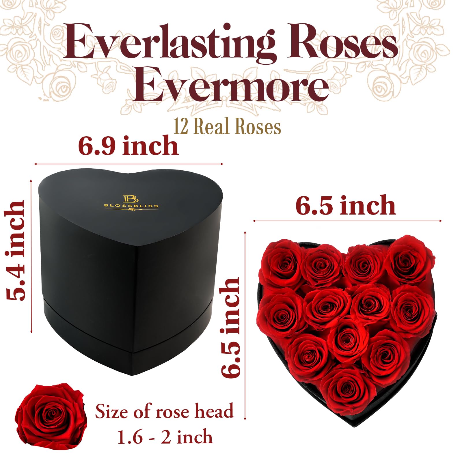 BLOSSBLISS 12-Piece Preserved Red Roses in Heart-Shaped Box - Eternal Love Gift for Wife, Anniversary, Valentine's Day & Mother's Day - Perfect for Romantic Surprises, Home Decor & Special Occasions