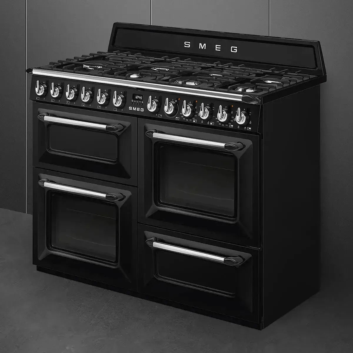 Smeg Victoria 110cm Dual Fuel Freestanding Cooker - Black (TRA4110BL) | Professional Gas & Electric Range for Modern Kitchens | Ideal for Home Chefs & Entertaining