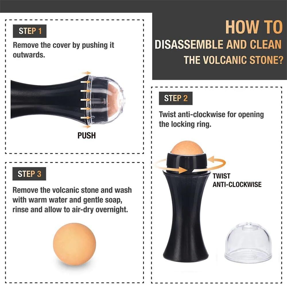Natural Volcanic Stone Oil Absorbing Roller - Facial Pore Cleanser & Oil Removing Massage Stick for Makeup & Skin Care | Perfect for On-the-Go Touch Ups & T-Zone Shine Control