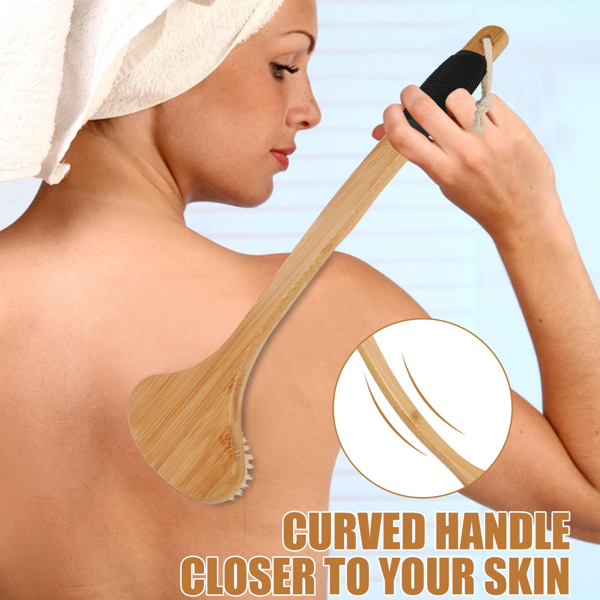 OWIIZI Back Scrub Brush for Shower - Stiff Boar Bristles & Bamboo Long Handle Body Brush for Wet/Dry Use | Deep Cleansing Back Scrubber with Anti-Slip Grip | Perfect for Hard-to-Reach Areas & Exfoliation in Bath or Shower