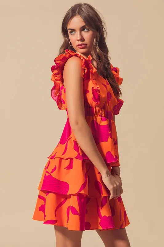 Stylish Orange Layered Resort Dress with Elastic Waist - Perfect for Beach Vacations, Summer Parties & Tropical Getaways