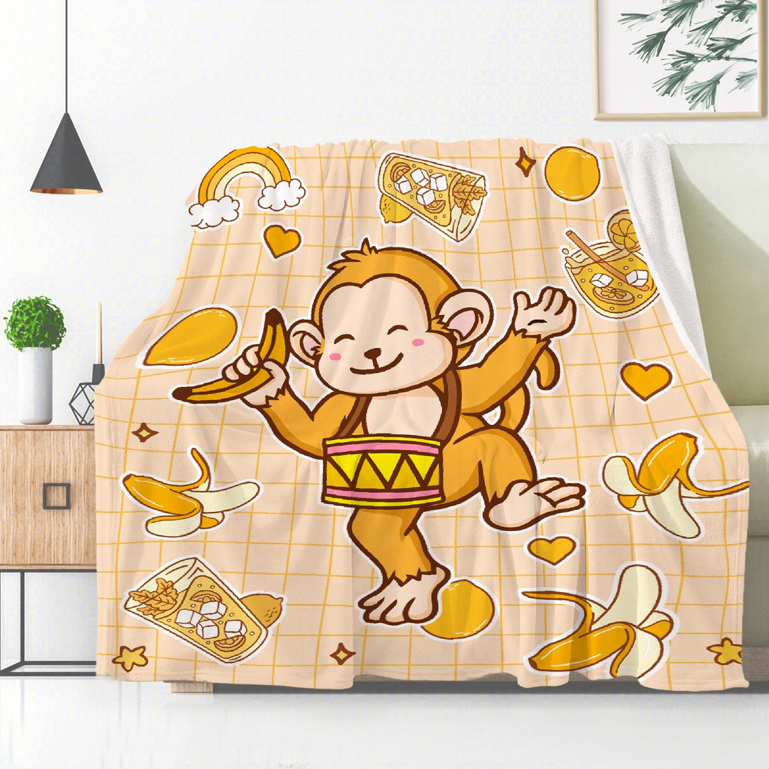 Banana Monkey Blanket - Ultra Soft Cozy Flannel Fleece Throw for Girls & Boys, Cute Animal Design, 120