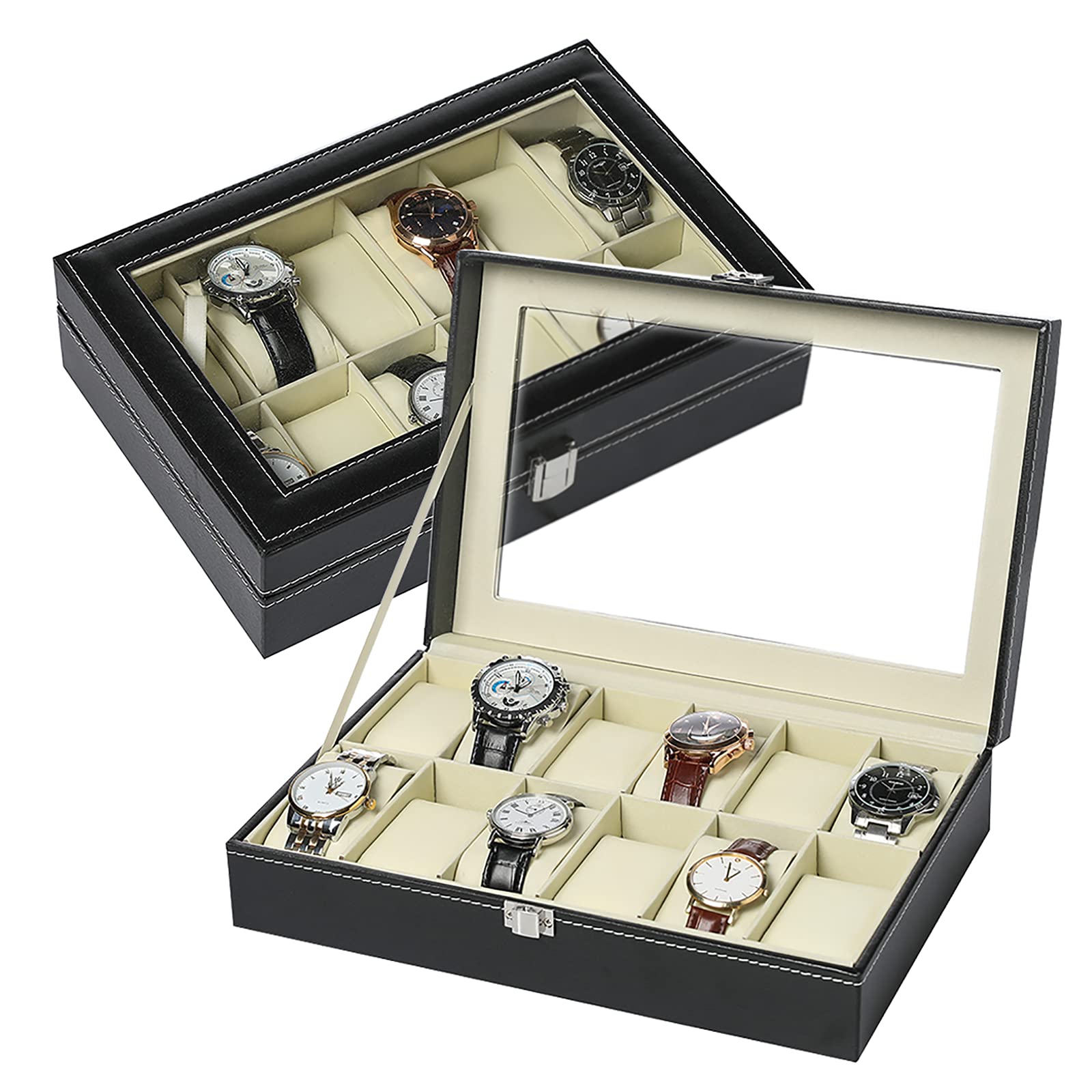 Premium 12-Slot Watch Organizer Box with Glass Lid - Luxury Leather Storage for Men's Watches & Jewelry - Perfect for Travel & Display