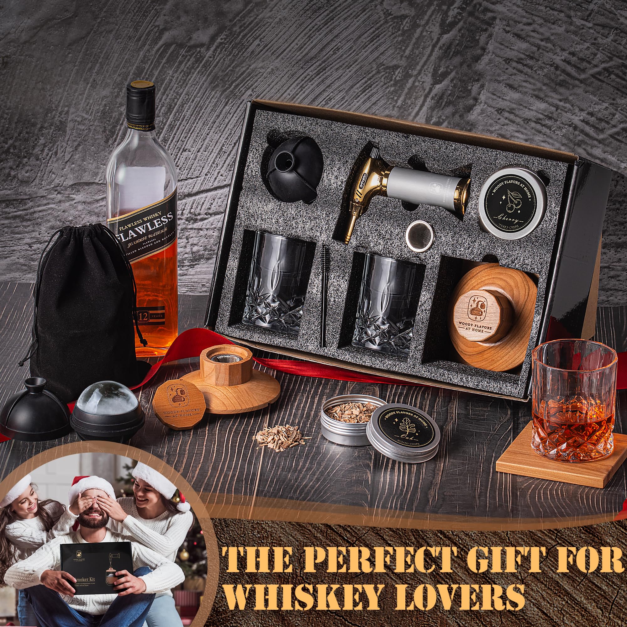 Premium Old Fashioned Cocktail Smoker Kit - Whiskey & Bourbon Smoking Set with Cherry Wood Chips, Culinary Torch, Ice Spheres, 2 Coasters & 2 Glasses - Perfect for Home Bars, Cocktail Parties & Gift Giving