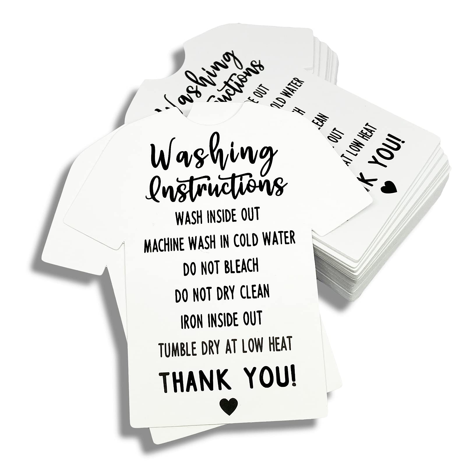 Kortowss 100-Piece Washing Instruction Cards for Shirts - 3.5x3.5 Inch White T-Shirt Care Labels - Customizable Laundry Direction Cards for Clothing Packaging - Perfect for Small Business & Online Shops - Ideal for Garment Care, Retail Packaging & Customer Information