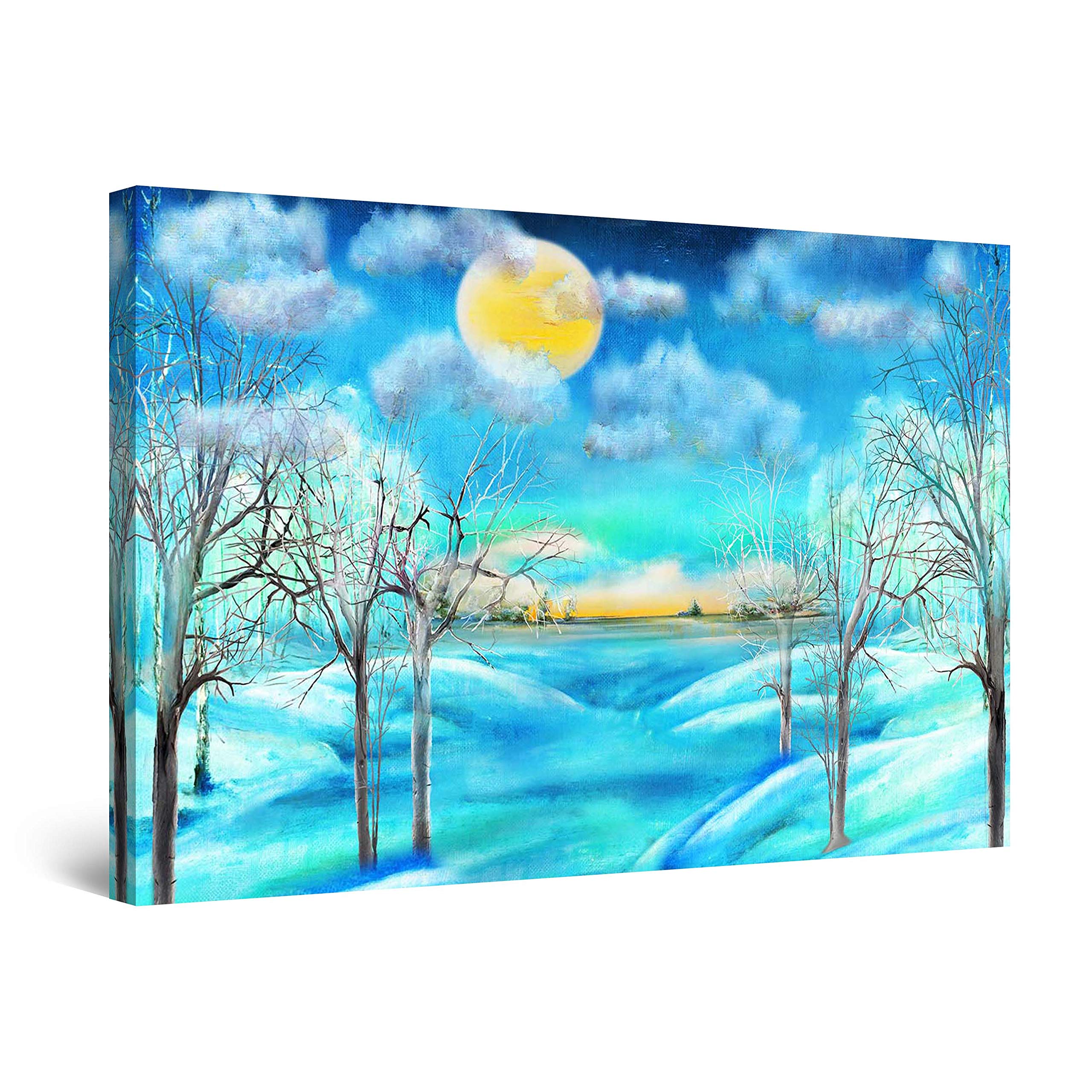 Startonight Abstract Teal Winter Landscape Sun Painting - Framed Canvas Wall Art 24x36 Inches - Perfect for Living Room, Bedroom & Office Decor