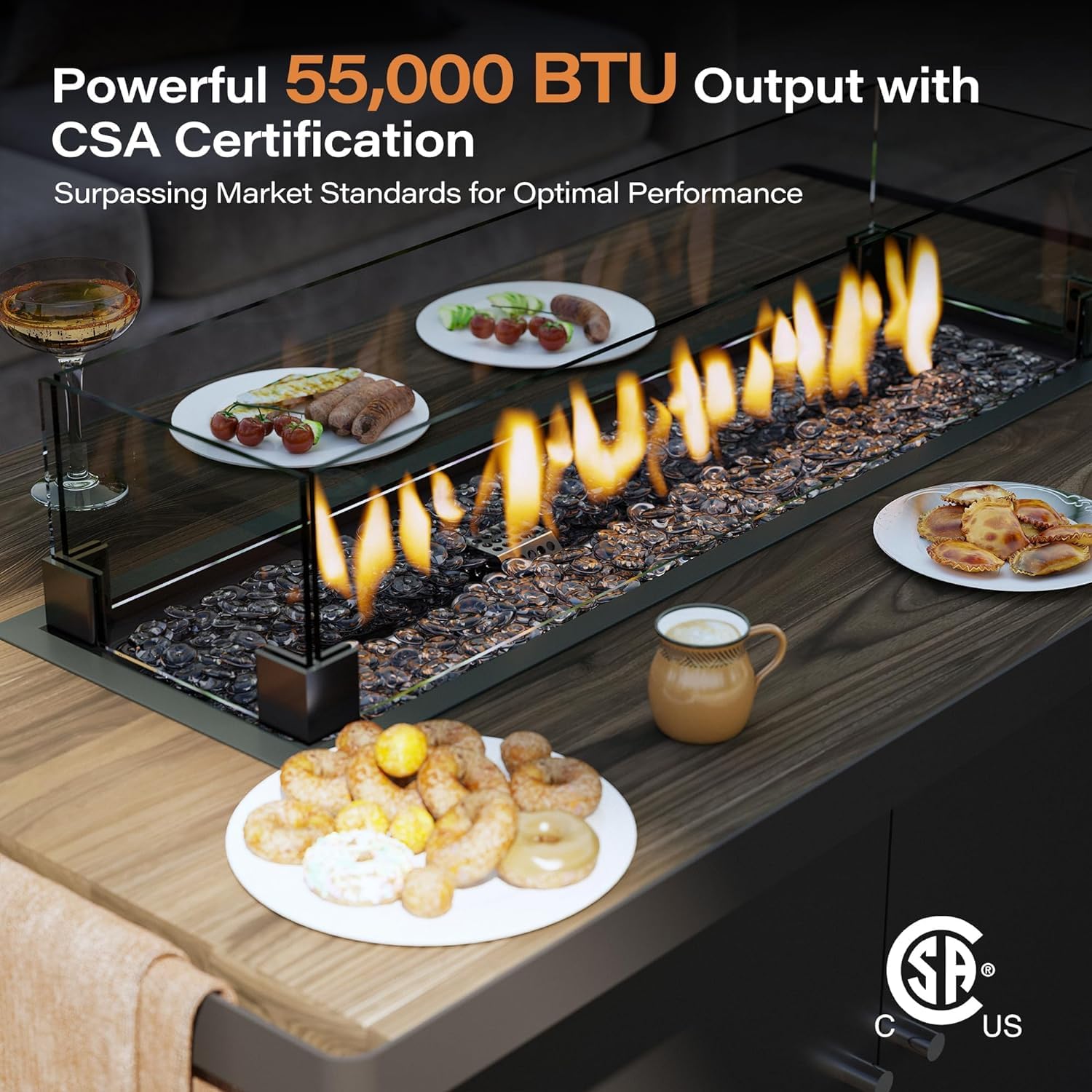 LAUSAINT HOME 43 Inch Propane Fire Pit Table with Lid - 55,000 BTU Outdoor Gas Fire Pit for Patio, Backyard & Deck - Includes Glass Wind Guard & Gray Glass Beads - Perfect for Outdoor Gatherings, Camping & Relaxation