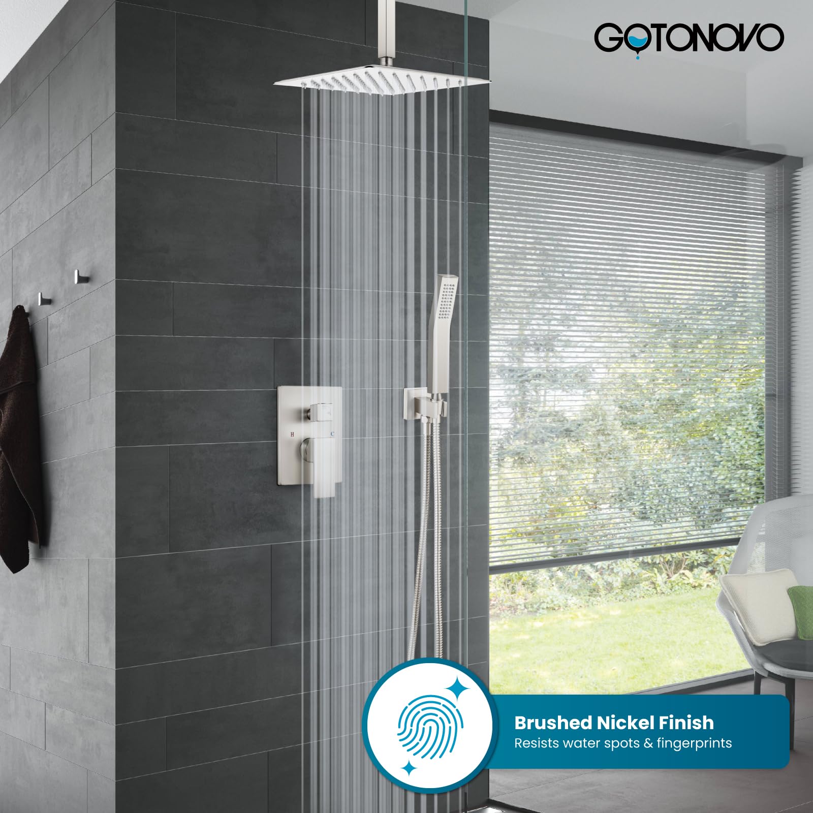 Gotonovo Luxury 12-Inch Rain Shower Combo Set - Ceiling Mount High Pressure Shower System with Handheld Spray, Brushed Nickel Finish - Perfect for Modern Bathroom Renovations & Spa-Like Shower Experience