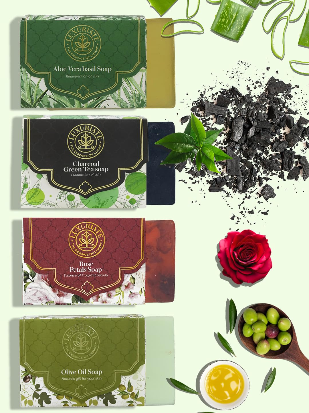 Premium Organic Soap Gift Set - Aloe Vera, Basil, Charcoal & Green Tea (4-Pack, 125g Each) | Handmade Natural Soap Bars for Skin Care, Spa & Luxury Bathing | Vegan, Cruelty-Free & Chemical-Free