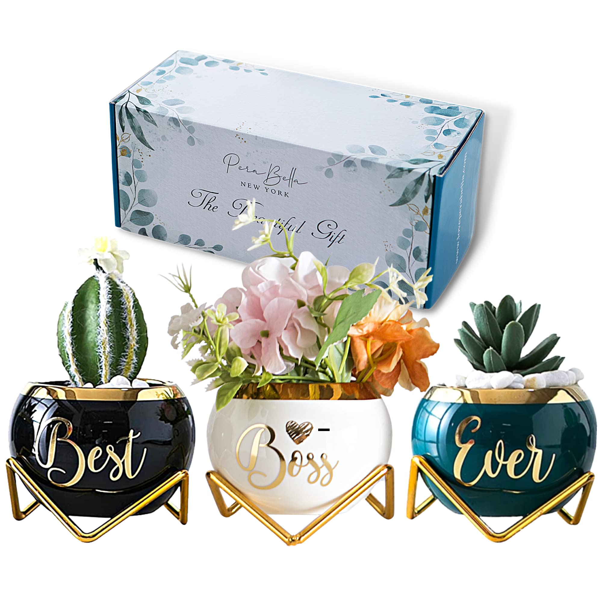 Premium Succulent Plant Pots Set of 3 - Elegant Boss Gifts for Women, Birthday & Boss's Day Presents - Perfect Office Desk Decor & Thoughtful Leadership Appreciation Gift for Female Bosses - Ideal for Home & Workspace Plant Lovers