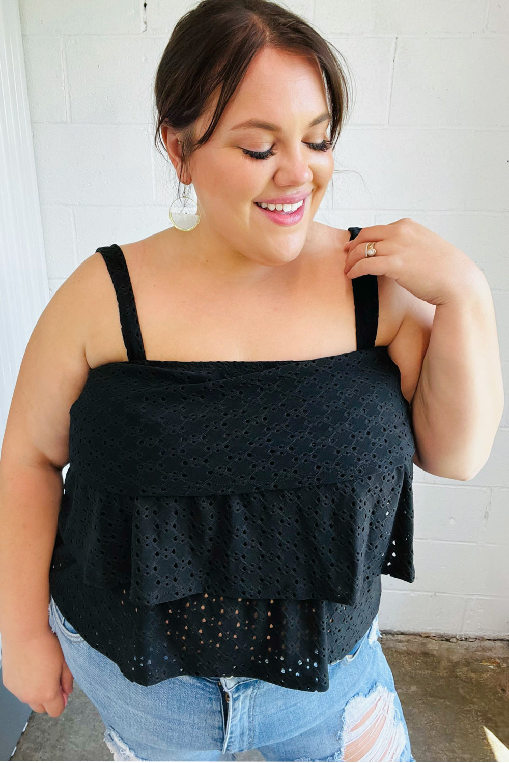 Black Eyelet Tiered Sleeveless Lined Top for Women - Summer Boho Chic Blouse - Perfect for Beach Vacations, Date Nights & Casual Outings