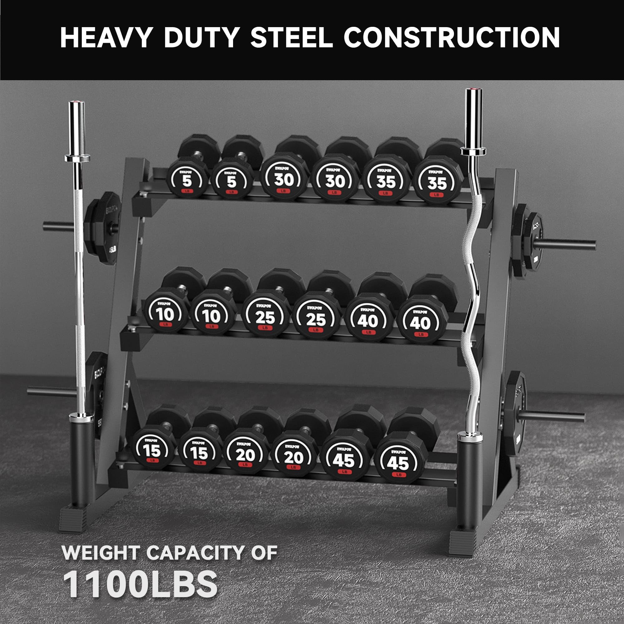 EVOLPOW 3-Tier Dumbbell Rack Stand - Heavy Duty Weight Storage Organizer for 5-75LB Dumbbells, Kettlebells & Weight Plates - Space Saving Home Gym Equipment for Strength Training & Workout Organization